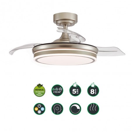 LED-Ventilator mit einziehbaren Flügeln Perla Mini Nickel CCT (35W)