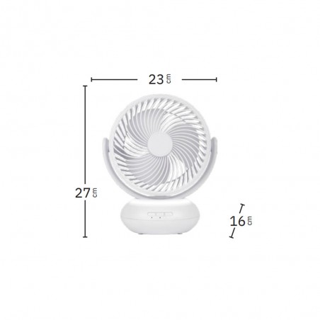 Ventilador Inalambrico Sobremesa Bengali Blanco 5w 3vel Recargable C/luz, Aliment.USB, Fijo Y Rotatorio 3Aspas 27x23x16cm