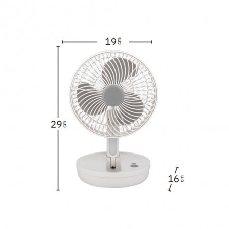 Ventilador Inalambrico Sobremesa Pacheco Blanco/gris 5w 3vel Recargable C/luz, Alim.usb, Orientable 3aspas 29x19x16cm