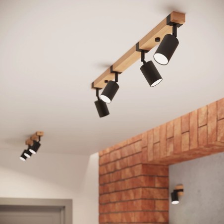 Ceiling spotlight Domovi 4 lights, black and natural wood