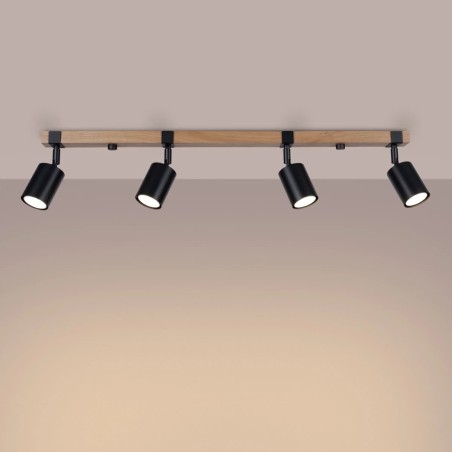 Ceiling spotlight Domovi 4 lights, black and natural wood