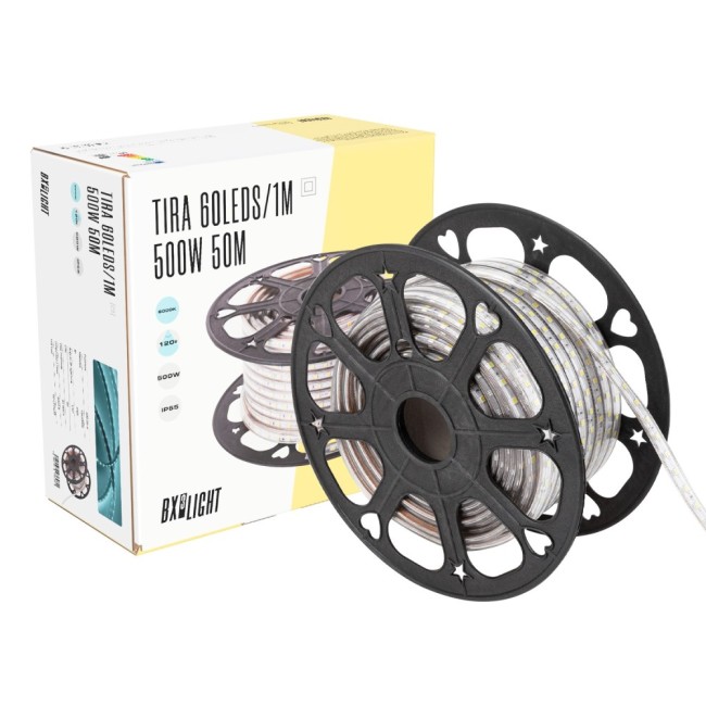 60 LED strip/m 500W 42.000Lm 3000ºK SMD5050 220VAC IP65 x50M 40.000H