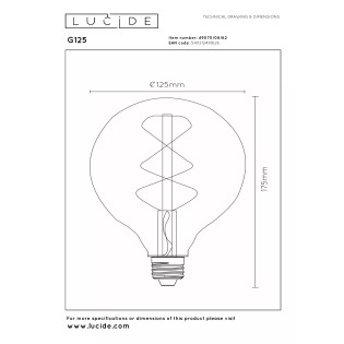 Lucide G125 Filament Bulb Ø12.5 cm LED Dimmable E27 1x8W Amber