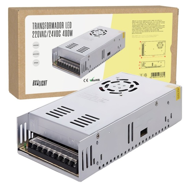 220VAC to 24VDC 400W 16.5A IP20 Transformer with Fan