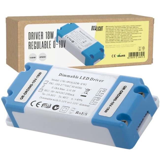 Adjustable driver 18W, output 12-48VDC, 300mA, IP20, 0-10V