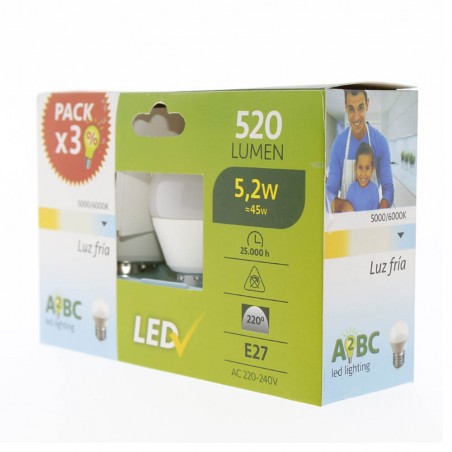 Pack 3 spherical Bulbs LED E27 5.2W (Cold light)