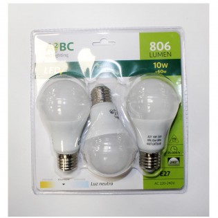 Pack 3 Bombillas LED E27 estándar 10 W (Luz neutra)